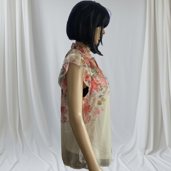 2/30$ Autres Filles Floral Chiffon Blouse Pink & Cream Ruffle Sleeves Top,Size S - Picture 3 of 12